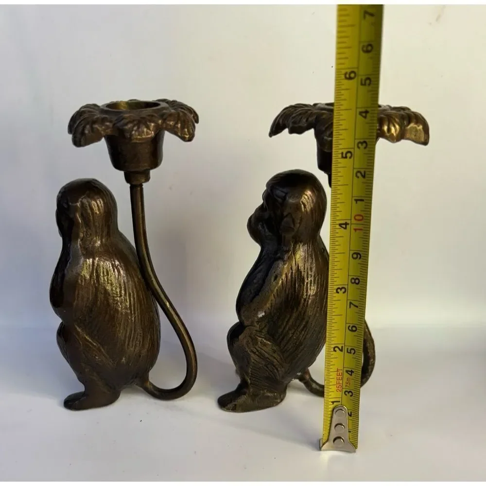 Vintage  Cast Bronze San Pacific 2 Monkey Candle Holders